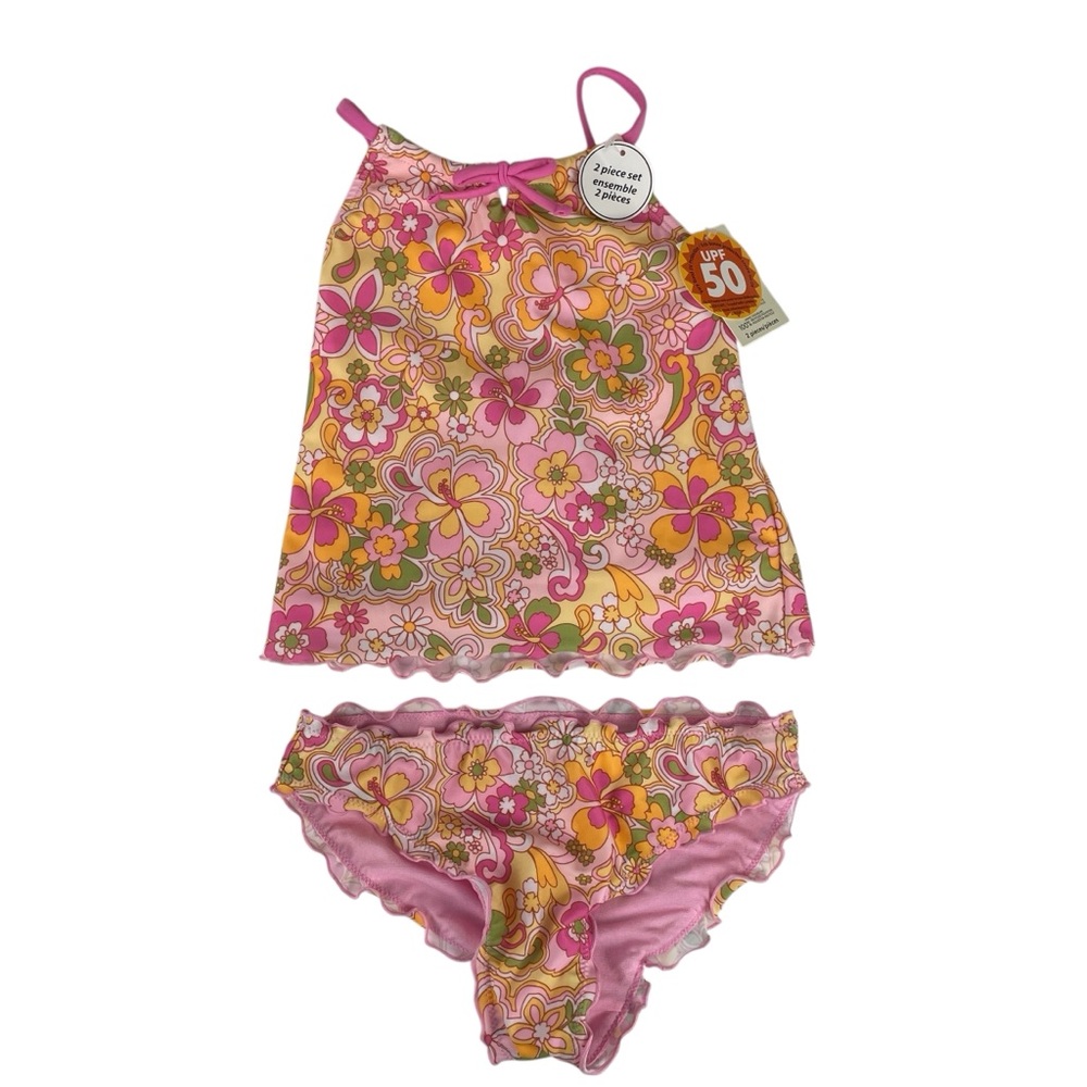George Girls Floral Pink and Orange Tankini 2 Pc Swimsuit Set Size L 10/12 NWT